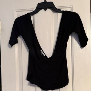 Reformation Black Ribbed Deep V Wrap Top